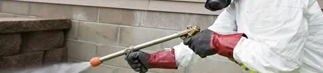 Pest control technician applying exterior insect treatment along a home foundation in Richmond, VA